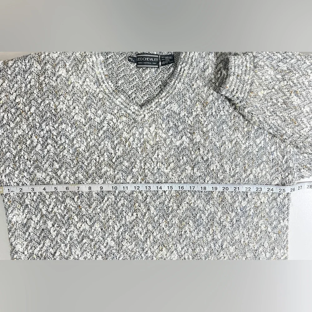 Leo Chevalier Oversized Chevron Knit V-Neck Sweater Grey White Marl Pullover 2XL - Picture 10 of 12